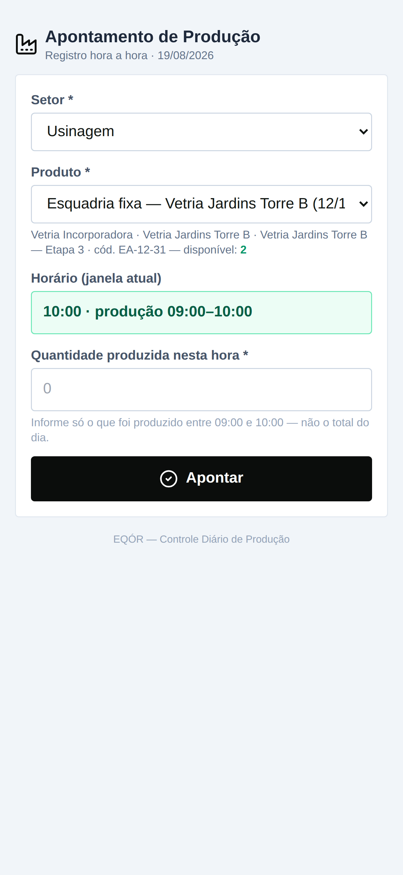 Página de apontamento de produção aberta no celular